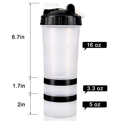 16 OZ Workout Protein Shaker Bottle with Mixer Ball and Powder Storage Jars for Indoor and Outdoor Fitness. 100% BPA Free, Non Toxic and Leak Proof Sports Shaher Cup.
