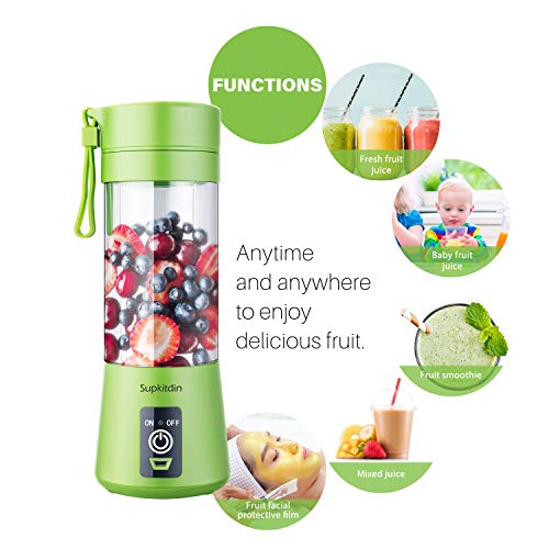 Supkitdin Portable Blender, Personal Mixer Fruit Rechargeable with USB, Mini Blender for Smoothie, Fruit Juice, Milk Shakes, 380ml, Six 3D Blades for Great Mixing (Green)