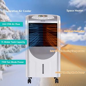 COSTWAY Evaporative Cooler and Heater, 5-in-1 Portable Air Cooler with Remote Control, 8-Hour Timer, 2 Ice Boxes, Quiet Operation, Bladeless Air Cooler for Indoor Use Home Office Dorms