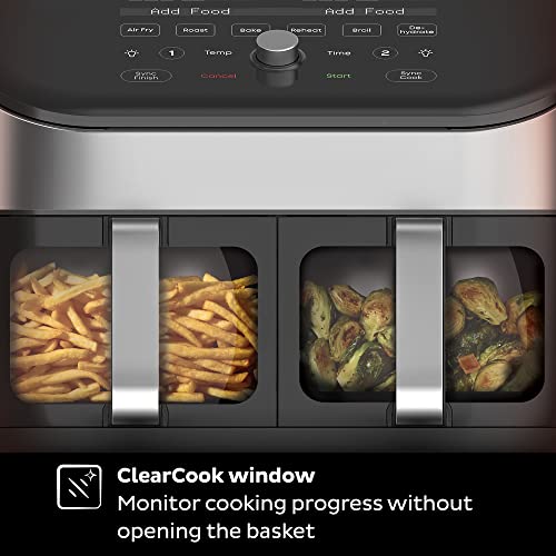 Instant Vortex Plus XL 8 Quart 8-in 1 Dual Basket Double Air Fryer with ClearCook™ Easy View Windows and SyncCook™ Technology, Air Fry, Roast, Broil, Bake, Reheat, Dehydrate, 1700W, Stainless Steel