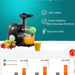 Slow Masticating Juicer Machines Easy to Clean, 95% Juice Yield Cold Press Juicer Extractor with Quiet Motor & Reverse Function, Brush & Recipe for Vegetable and Fruit (Black)