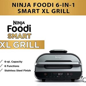 Ninja FG551 H Foodi Smart XL 6-in-1 Indoor Grill with 4-Quart Air Fryer Roast Bake Dehydrate Broil and Leave-In Thermometer, with Extra Large Capacity, and a Stainless Steel Finish (Renewed) (SILVER Stainless Steel)
