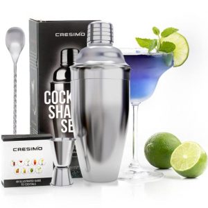 Large Cocktail Shaker Set: 24oz Stainless Steel Martini Shaker Drink Mixer Set with Alcohol Bar Tools: Ice Strainer, Jigger, Bar Spoon, Craft Cocktail Kit Recipe Guide - Mixology Bartender Kit - Cresimo