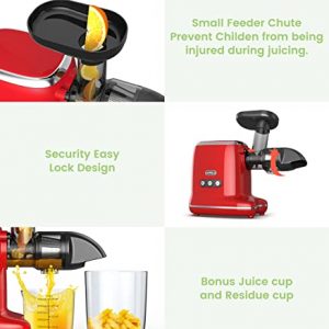 Slow Juicer, ORFELD Cold Press Juicer Easy to Clean With Brush, Juicer Extractor with Quiet Motor & Reverse Function for High Nutrient Fruits & Vegetables(Red)