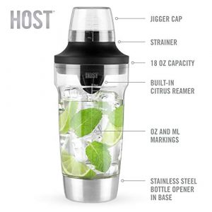 Host Mixer Tool with Reamer, Strainer, Bottle Opener, Daiquiri, Margarita, 18 oz, Black Cocktail Shaker