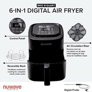 NUWAVE Brio 6-in-1 Air Fryer Oven Combo, 8-Qt X-Large Size, Fit up to 3 LBS. of Fries or 5 LB. Chicken, Easy-to-Read Cool White Display, 100 Pre-Programmed Presets & 50 Memory Slots to Save & Recall Favorite Recipes, 50°-400°F Temperature Controls in 5° Increments, Linear Thermal (Linear T) Technology & Integrated Temperature Probe for Perfect Results, Powerful 1800 Watts - 3 Wattage Settings 700, 1500, & 1800, Non-Stick Air Circulation Riser & Never-Rust Reversible Stainless Steel Rack Included