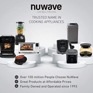 NUWAVE Brio 4.5-Quart Digital Air Fryer includes precise temperature control, one-touch digital controls, 6 easy presets, wattage control, recipe book, Nuwave Cooking Club App, and advanced functions like PREHEAT or REHEAT
