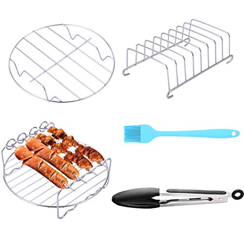 SIK Air Fryer Accessories 5PCS for GoWISE COSORI Philips Ninja Air Fryer, Fit 3.2- 5.8QT Deep Hot Air Fryer with Skewer Rack，Metal Holder, Toast Rack, Oil Brush, Food Tong, Dishwasher Safe BPA Free