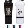 [2 Pack] 20-Shaker Bottle with Attachable Storage Compartments (White & Black - 2 Pack) | 20 Ounce Protein Shaker Cup with Motivational Quotes | Attachable Container Storage for Protein or Supplements with Wire Whisk Balls