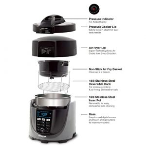 NUWAVE Duet Pressure Air Fryer, Combo Cook Technology, Removable Pressure and Air Fry Lids, 6QT Stainless Steel Pot, Stainless Steel Reversible Rack & 4 Quart Non-Stick Air Fryer Basket; Built-in Sure-Lock Safety Technology, Steam, Sear, Saute, Slow Cook, Roast, Grill, Bake, Dehydrate, Pressure Cook & Air Fry
