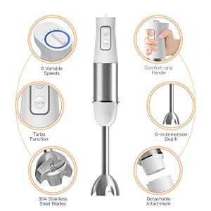 Enfmay 5-in-1 Immersion Hand Blender, 500W 6-Speed Handheld Stick Blender with Stainless Steel Blades,Whisk & Milk Frother, BPA-Free Chopper Beaker for Soups, Smoothies, Sauces, Baby Foods, White