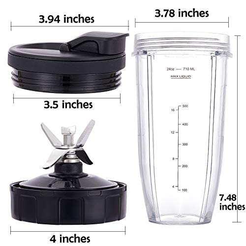 Revorit Blender Replacement Parts for Ninja, 2 24oz Cups with To-Go Lids, 7 Fins Extractor Blade, for Nutri Ninja Auto iQ BN801 SS101 BL480-30 BL641 BL642-30 (5 Pack)