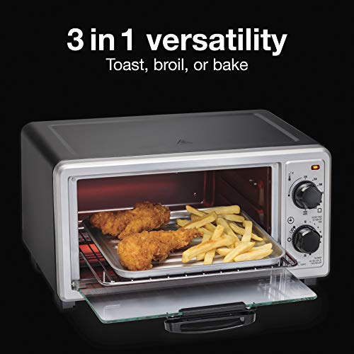 Proctor Silex 4 Slice Countertop Toaster Oven, Multi-Function with Bake, Toast and Broiler, 1100 Watts, 30 min timer and auto-shutoff, Includes Backing Pan and Rack, Black and Silver (31260)