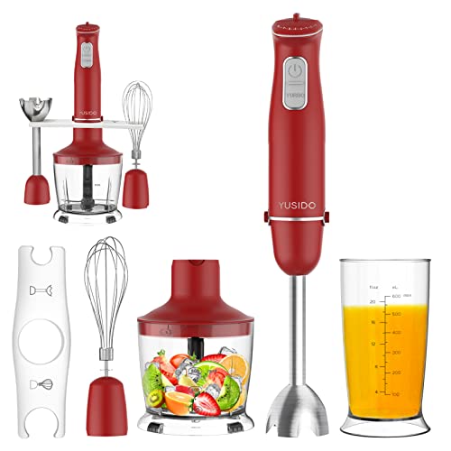 YUSIDO Immersion Hand Blender, Powerful 800 Watt Smart Stick with Titanium Steel Blades, 4-In-1 Food Processor Blender Combo for Multi-purpose Smoothie/Whisk/Chopper/Soup/Juicer/Crush Ice（Red）