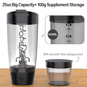 PopBabies Rechargeable Shaker Bottle, Powerful Polymer Blender Shaker Bottle for Smooth Protein Shakes Pro Workout, 25oz Blender Cups with Built-in Supplement Storage