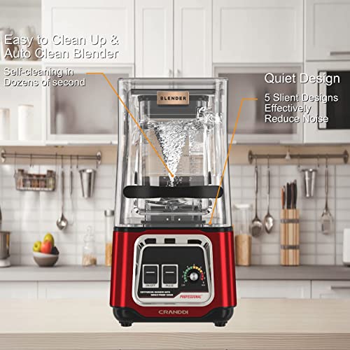 CRANDDI Best Quiet Blender, Professional Countertop Blender with Removable Shield, 2200W Strong Motor, 52oz BPA-free Jar for Shakes and Smoothies, Self-Cleaning, K80 Red