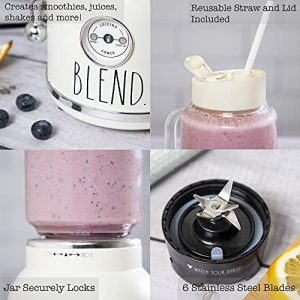 Rae Dunn Smoothie Blender- One Touch Blender with 20 oz Mason Jar Container includes Reusable Straw and Lid, Shake and Smoothie Maker, Juice Blender with 6 Blades