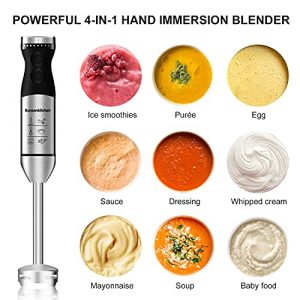 Immersion Hand Blender, Bonsenkitchen Stainless Steel Handheld blender, 9-Speed and Turbo, 5-In-1 Hand mixer with Whisk,700ml Mixing Beaker & 500ml Chopper Bowl, Wall-Hooker for Smoothies, Puree