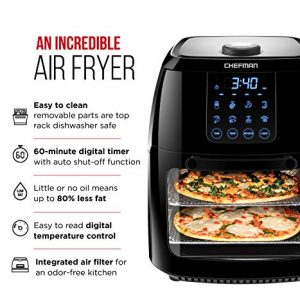 Chefman 6 Liter Digital Fryer+ Rotisserie, Convection Oven 8 Presets to Air Fry, Roast, Dehydrate, Bake & More, BPA-Free, Auto Shut-Off, Accessories Included, XL Family Size, Black
