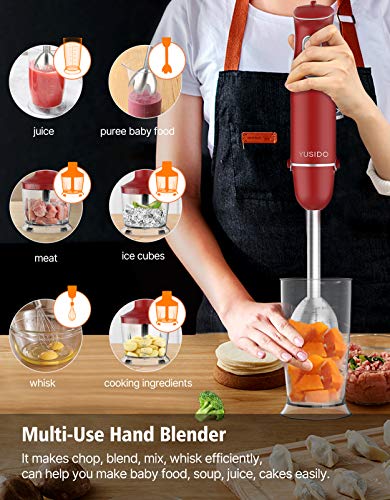 YUSIDO Immersion Hand Blender, Powerful 800 Watt Smart Stick with Titanium Steel Blades, 4-In-1 Food Processor Blender Combo for Multi-purpose Smoothie/Whisk/Chopper/Soup/Juicer/Crush Ice（Red）