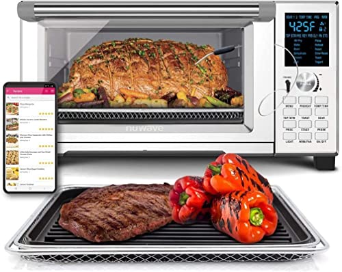 NUWAVE Bravo Air Fryer Toaster Smart Oven, 12-in-1 Countertop Convection Grill Griddle Combo, 30-Qt XL Capacity, Integrated Temperature Probe for Perfect Results, Heavy Duty Racks with Load of Over 30 Pounds, 50°-500°F Temperature Controls, Top and Bottom Heater Adjustments 0%-100%, Grill Griddle Accessories Included, Brushed Stainless Steel Look