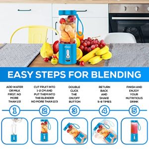 Wozeyo Portable Blender for Shakes & Smoothies (530ml) - Handheld Personal Mini Blender Smoothie Juicer Cup with 4000mAh Rechargeable Battery & Multipurpose Fruit Knife for Home Travel Office Sport - Blue