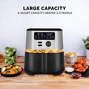 Kalorik MAXX® Digital Air Fryer FT 50931 OW | 6 Quart 7-in-1 Oilless Air Fryer for Low Fat Cooking | Deluxe LED Display + 21 Smart Presets | 4 Accessories — Trivet, Cake Barrel, Skewer Set, & Silicon Mat | Recipe Book | 1750W | Stainless Steel