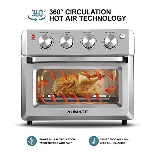 AUMATE Countertop Convection Oven, 7-in-1 Toaster Oven Air Fryer Combo, 19 QT Toaster Oven Countertop, Oilless Knob Control Pizza Oven with Timer, Fits 10" Pizza, 4 Accessories, 1550W, Stainless Steel