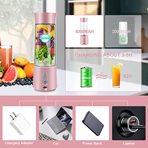 Portable Blender,USB Rechargeable Personal Size Blender,Portable Blender for Shakes and Smoothies,Bezior 17 Oz Travel Mini blender cup,4000mAh Sports Fruit veggie Juicer with Six Blades (Pink)