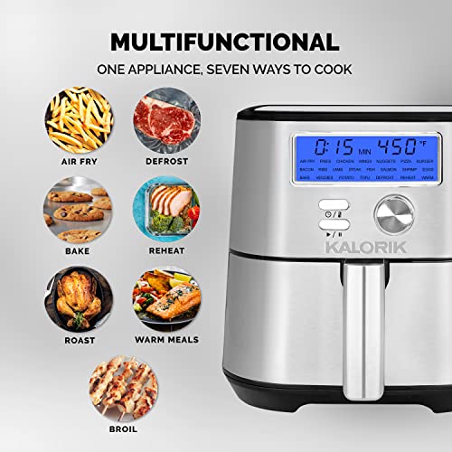 Kalorik MAXX® Plus Digital Air Fryer FT 47822 SS | 4 Quart 7-in-1 Oilless Fryer | Deluxe Edition with LCD Display + 22 Smart Presets | Bonus Egg Poacher for Perfect Breakfast | Nonstick Air Frying Basket | Recipe Book | 1600W | Stainless Steel 