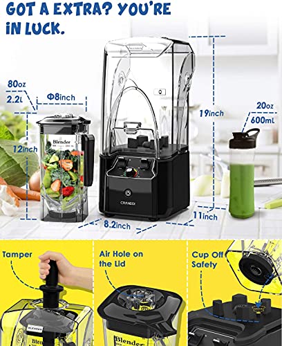CRANDDI Quiet Blender, 2200 Watt Commercial Blenders for Kitchen with 80oz BPA-Free Pitcher and Self-Cleaning, High-Speed Countertop Blenders with Soundproof Shield for Home, K90 Black