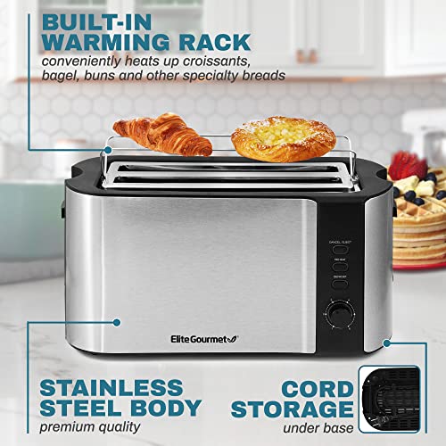 Elite Gourmet by Maxi-Matic ECT-3100 Long Slot Toaster, Reheat, 6 Toast Settings, Defrost, Cancel Functions, Slide Out Crumb Tray, Extra Wide Slots for Bagels Waffles, 4 Slice, Stainless Steel & Black