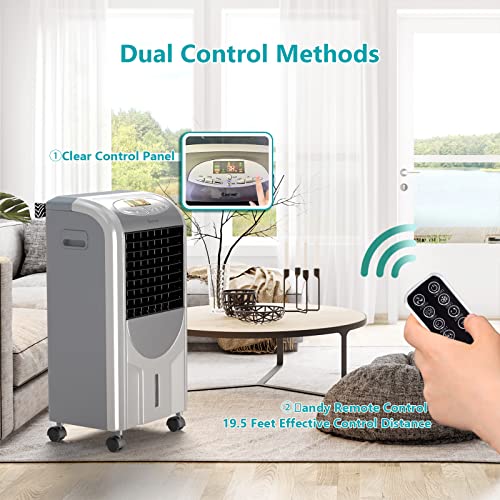 COSTWAY Evaporative Cooler and Heater, 5-in-1 Portable Air Cooler with Remote Control, 8-Hour Timer, 2 Ice Boxes, Quiet Operation, Bladeless Air Cooler for Indoor Use Home Office Dorms