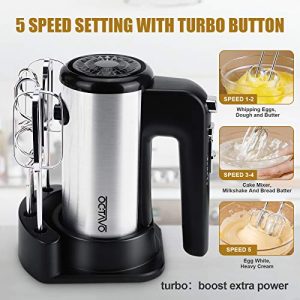 OCTAVO Hand Mixer Electric,5-Speed 300W Powerful Turbo With Storage Base, Stainless Steel Handheld Mixer With Egg Beaters And Hooks For Whipping Mixing Cookies, Brownies, Dough Batters