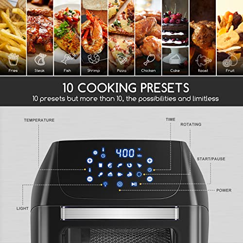 13 QT Air Fryer Oven, Aigostar 10 in 1 Air Fryer with Rotisserie, Dehydrate, Toaster, Convection Oven, 1500W Large Air Fryer Toaster Oven, Dishwasher Safe and ETL Certified with Accessories