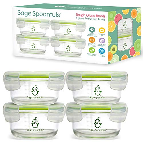 Sage Spoonfuls Borosilicate Glass Baby Food Bowls - 4-Pack of 7 Ounce Travel Bowls With Lids - Durable and Airtight - Dishwasher, Oven, Microwave, Fridge-Safe - Clear