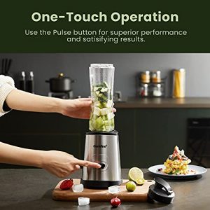 COMFEE' Compact Personal Blender, with Tritan BPA-Free 20 Oz and 10 Oz Travel Cups with Lids, for Shakes, Frozen Drinks, Smoothies, Food Prep, 300-Watt Base, Stainless Steel