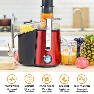 Juicer Machine, 700W Red Centrifugal Juice Extractor with Wide Mouth 3.5” Feed Chute for Fruit Vegetable, Easy to Clean, BPA Free, 304 Stainless Steel Dual Speed, Anti-drip