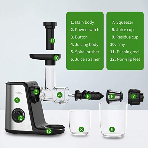 Cold Press Juicer Machines, Bonsenkitchen Slow Juicer Masticating Juicer Easy to Clean, BPA Free, Quiet Motor & Reverse Function,Juicer Extractor Machines Vegetable and Fruit,Celery, Carrot,High Nutrition Reserve