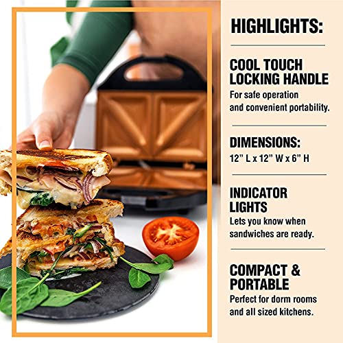 GOTHAM STEEL Sandwich Maker, Toaster and Electric Panini Grill with Ultra Nonstick Copper Surface - Makes 2 Sandwiches in Minutes with Virtually No Clean Up, with Easy Cut Edges and Indicator Lights