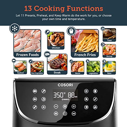 COSORI Air Fryer Oven Combo 5.8QT Max Xl Large Cooker (Cookbook with 100 Recipes), One-Touch Screen with 11 Precise Presets and Shake Reminder, Nonstick and Dishwasher-Safe Square Design Basket, Black