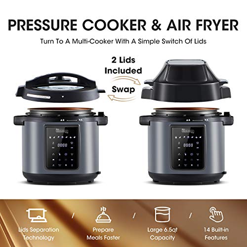 MICHELANGELO 6 QT Pressure Cooker Air Fryer Combo, All-in-1 Pressure Cooker with Air Fryer - Two Detachable Lids for Pressure Cooker, Pressure Fryer, Air Fryer, Rice,Slow Cooker,Steamer & Warmer - 6 Quart