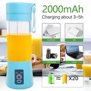 Portable Personal Smoothies Shakes Blender: Single Mini Size Fruit Juice Blender USB Rechargeable Shake Smoothies Mixer Cup Battery Operated Individual Juicer Cup for Travel Camping Outdoor-Blue