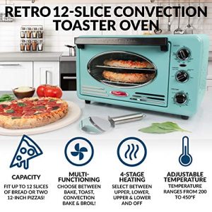 Nostalgia RTOV2AQ Large-Capacity 0.7-Cu. Ft. Capacity Multi-Functioning Retro Convection Toaster Oven, Fits 12 Slices of Bread and 2-12-Inch Pizzas, Built In Timer, Includes Baking Pan, Aqua