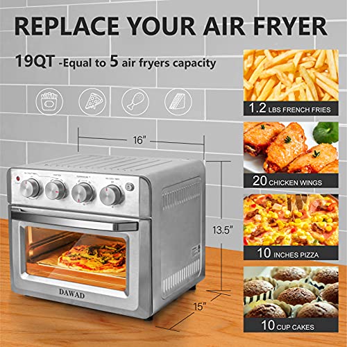 DAWAD Air Fryer Toaster Oven Combo, 7-in-1 Convection Airfryer Toaster Ovens Countertop with 33 Original Recipes, Bake, Broil, Toast, Reheat, Fry Oil-Free, 19 QT, Stainless Steel