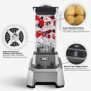 JAWZ High Performance Blender, 64 Oz Professional Grade Countertop Blender, Food Processor, Juicer, Smoothie or Nut Butter Maker, Simple 2 Speed Toggle Switch w Pulse, Stainless Steel Blades, Silver