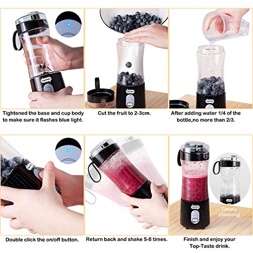 Supkitdin Portable Blender, Personal Mixer Fruit Rechargeable with USB, Mini Blender for Smoothie, Fruit Juice, Milk Shakes, 380ml, Six 3D Blades for Great Mixing (Black)