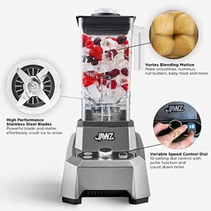 JAWZ High Performance Blender, 64 Oz Professional Grade Countertop Blender, Food Processor, Juicer, Smoothie or Nut Butter Maker, Variable 10 Speed Easy Control Dial, Stainless Steel Blades, Silver