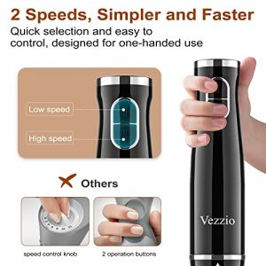 Immersion Hand Blender, Vezzio 1000W 4-in-1 Multifunctional Stick Blender with Two Speed Adjustable, Electric Handheld Blender with 600ml Mixing Beaker, 500ml Chopper, Whisk for Smoothies, Puree Baby Food, Sauce and Soup, Black