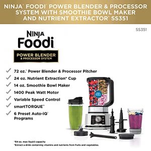Ninja SS351 Foodi Power Pitcher System, Smoothie Bowl Maker, 4in1 Blender + Food Processor, Single Serve Blender 1400WP smartTORQUE 6 Auto-iQ Presets (Renewed) (Ninja SS351)